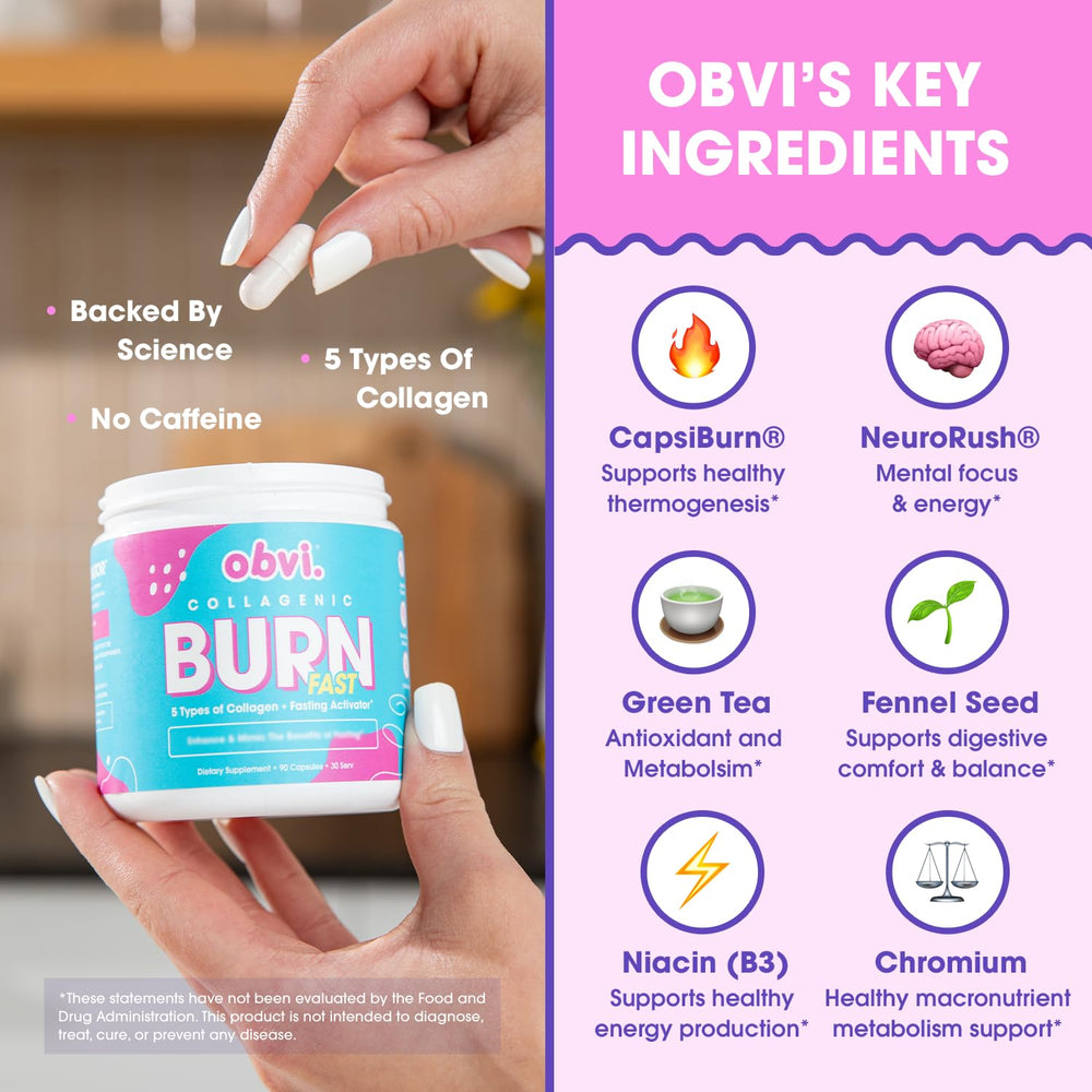Obvi Multi Collagen Burn Fast packaging shown for everyday use