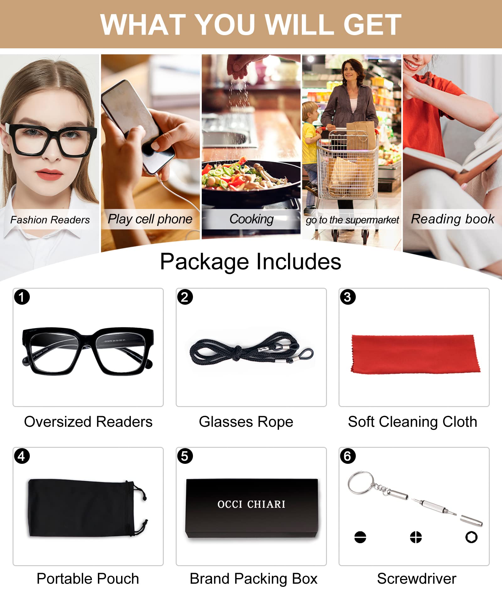 OCCI CHIARI 1.5 black oversized readers with accessories offer convenient daily use