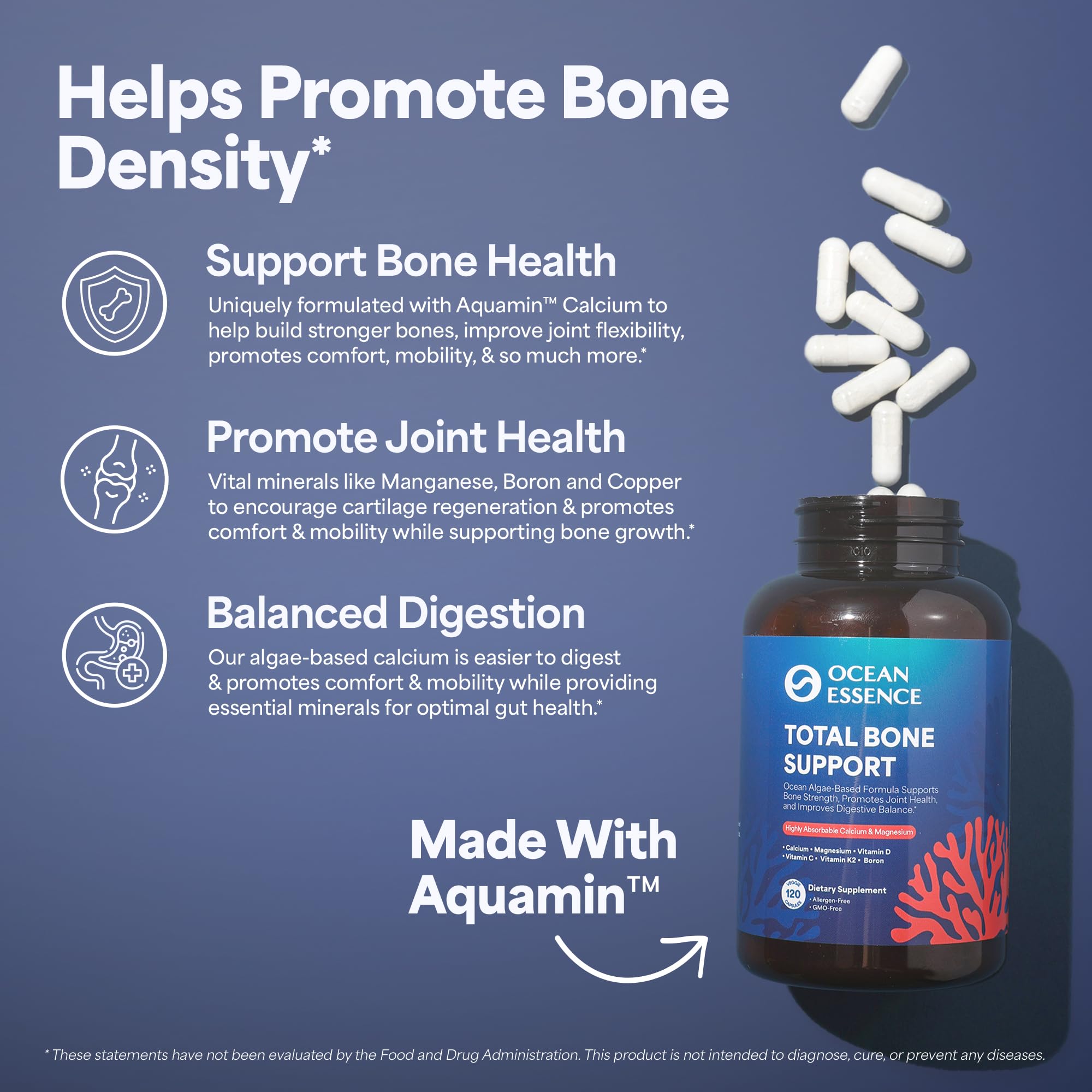 OCEAN ESSENCE Total Bone Support Aquamin detail shows plant-based minerals for bone health support.