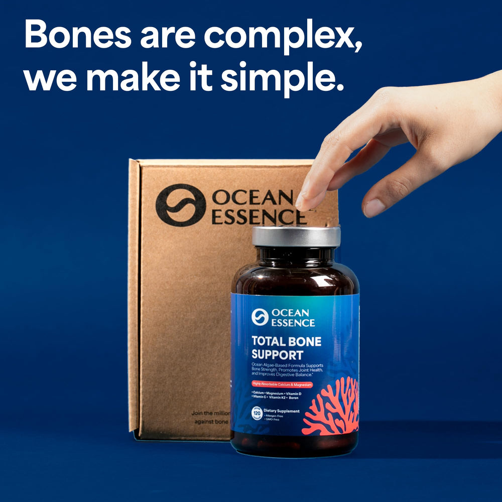 OCEAN ESSENCE Total Bone Support label closeup shows dosage and ingredients for easy planning.