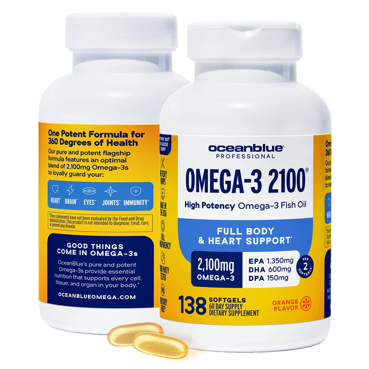 Oceanblue Omega-3 bottle front shows triple-strength formula for daily wellness.