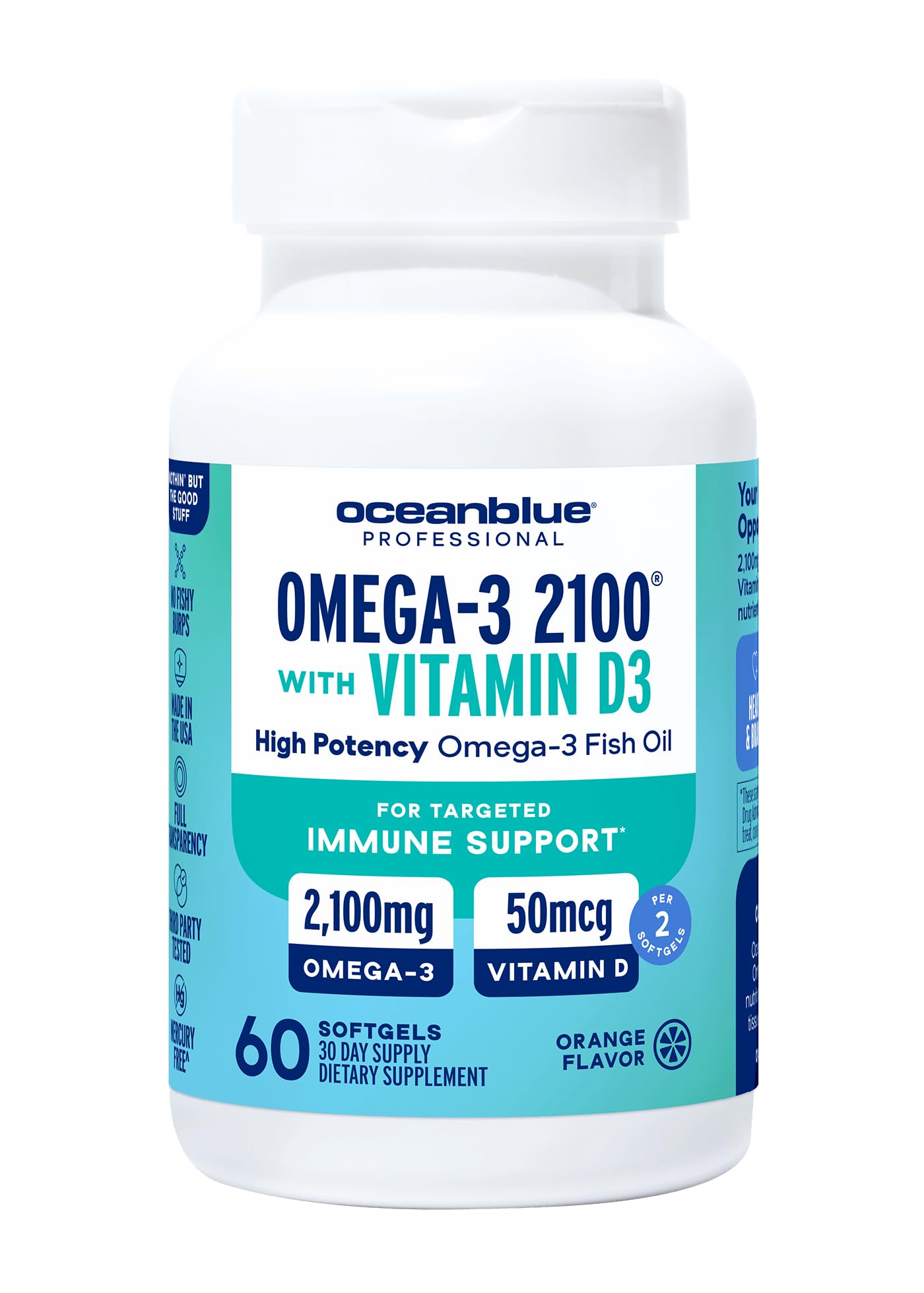 Oceanblue Omega-3 2100 orange-flavor bottle for daily wellness