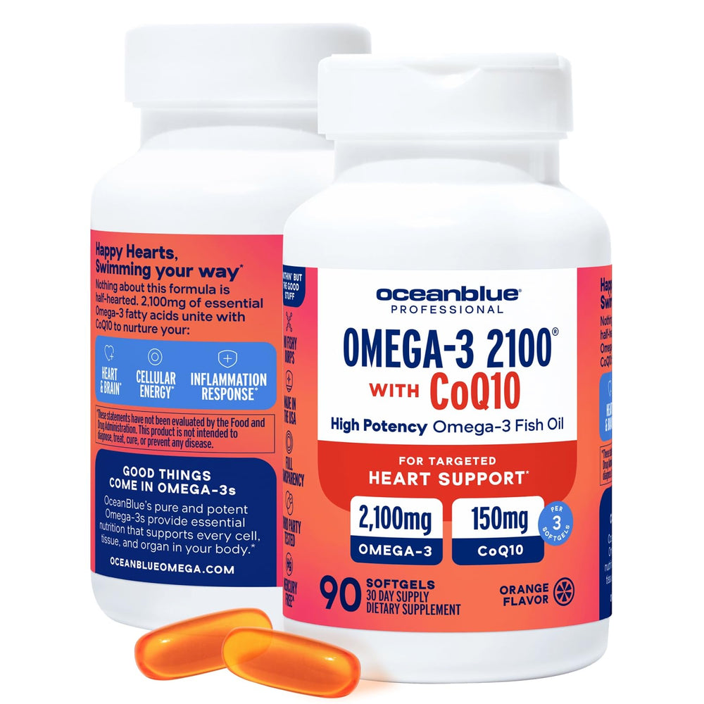 Oceanblue Omega-3 2100 with CoQ10 bottle front promotes heart and immune support.
