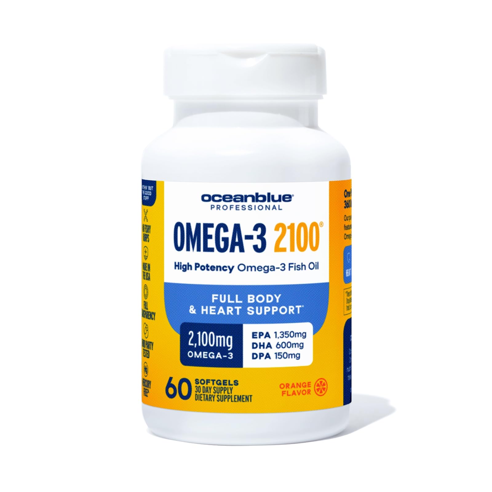 Oceanblue Omega-3 2100mg bottle front promotes daily wellness with triple-strength formula.