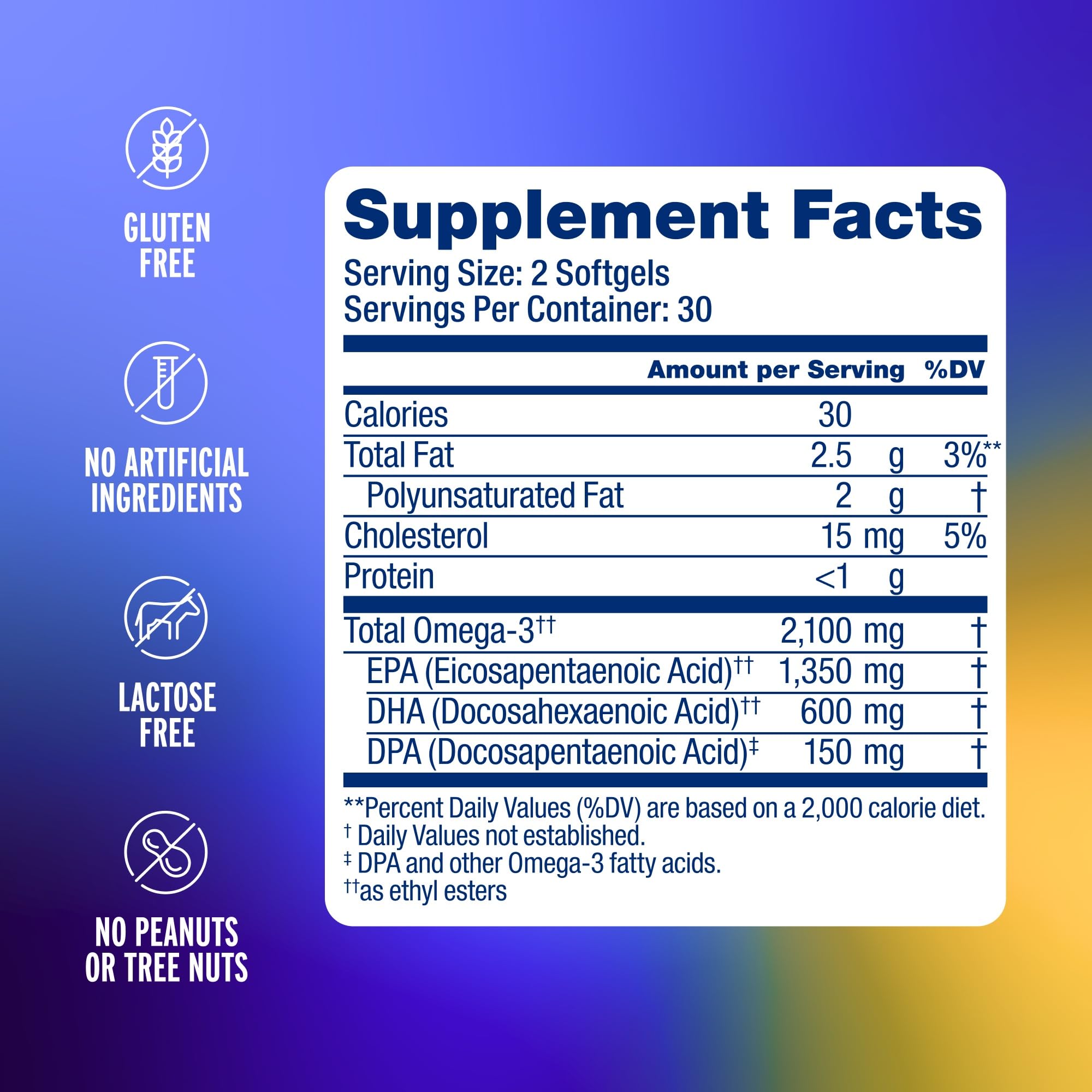 Oceanblue Omega-3 2100mg bottle side highlights wild-caught sourcing and orange flavor.