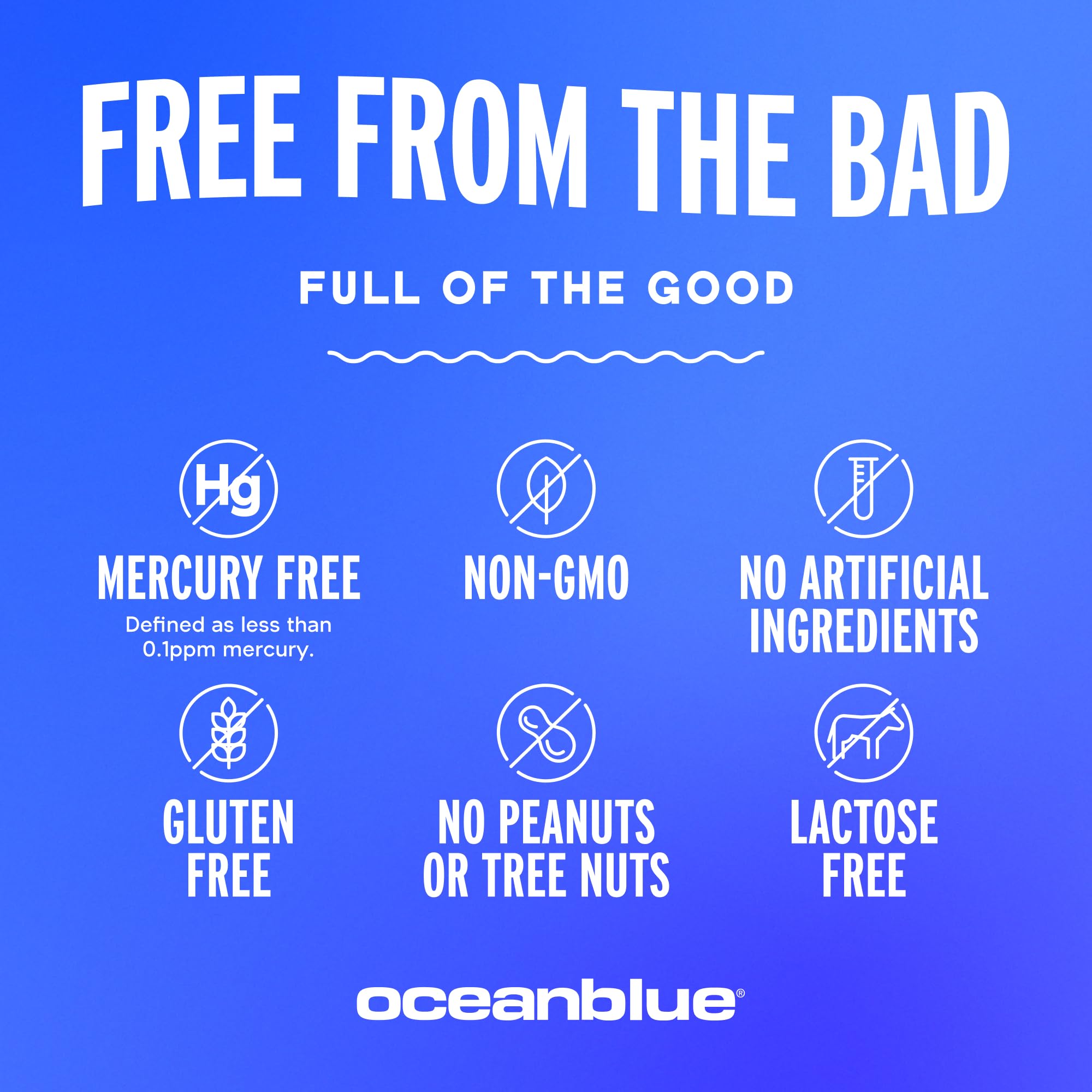 Gluten-free and non-GMO formulation pictured on Oceanblue packaging