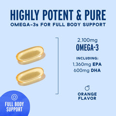 Oceanblue Omega-3 2100mg softgels closeup shows burpless softgels and smooth texture.