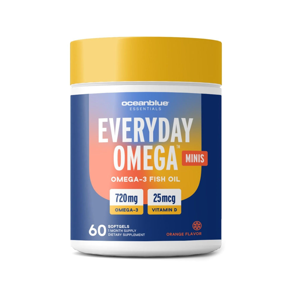 Oceanblue Omega-3 mini softgels in an orange bottle for easy swallowing