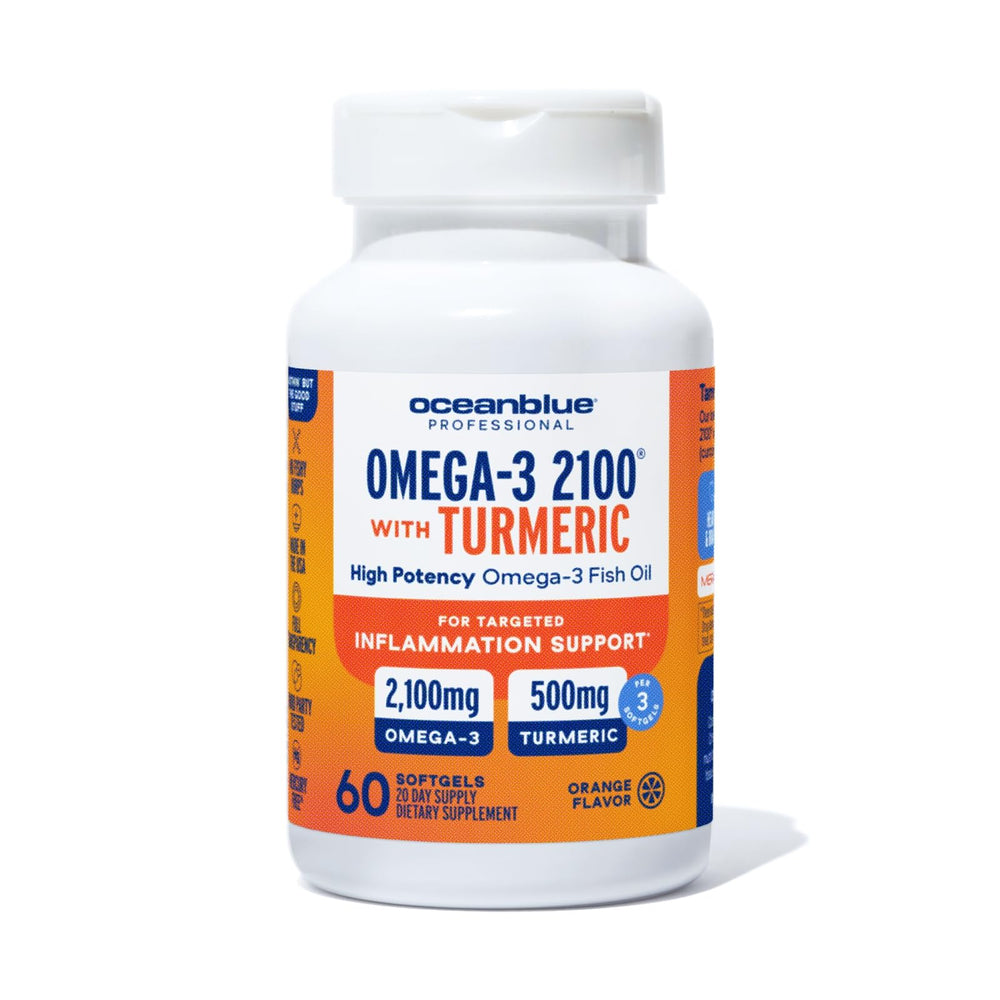 Oceanblue Omega-3 Turmeric bottle showing burp-free daily routine with turmeric