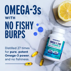 Back label of Oceanblue Omega-3 2100 bottle with dosage details.