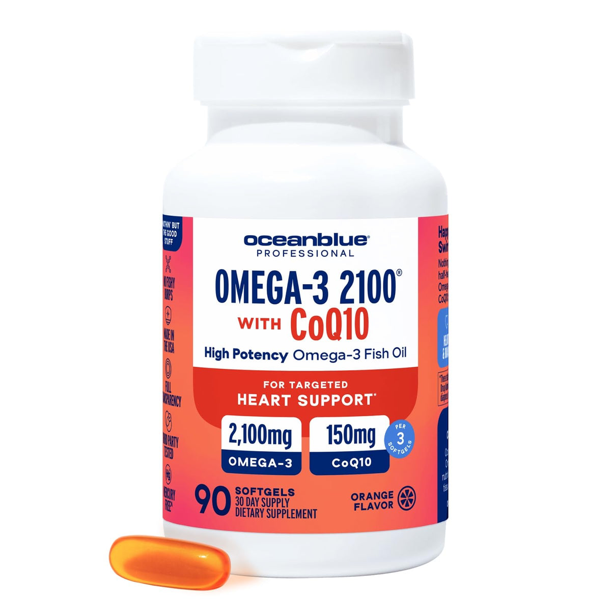 Oceanblue Omega-3 2100 CoQ10 bottle with heart-supporting softgels.