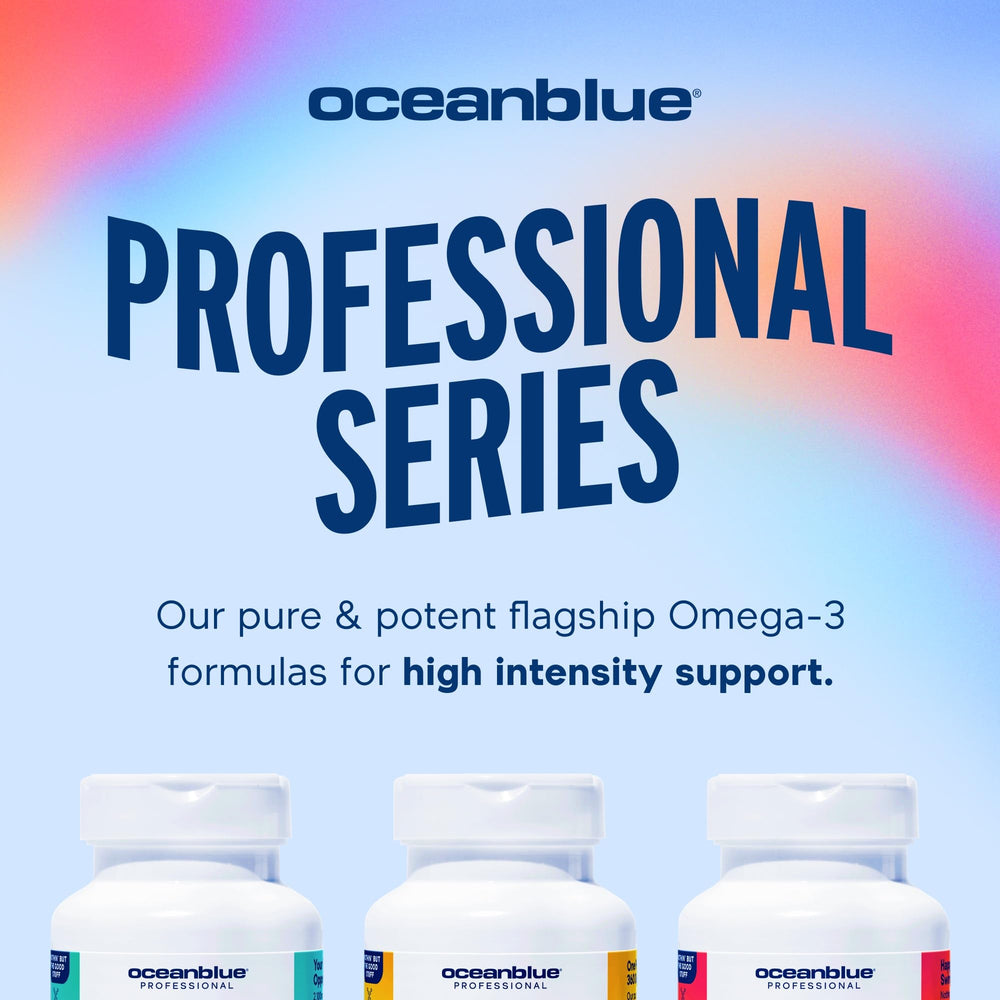 Oceanblue Omega-3 2100 source-sustainable waters imagery beside the bottle.