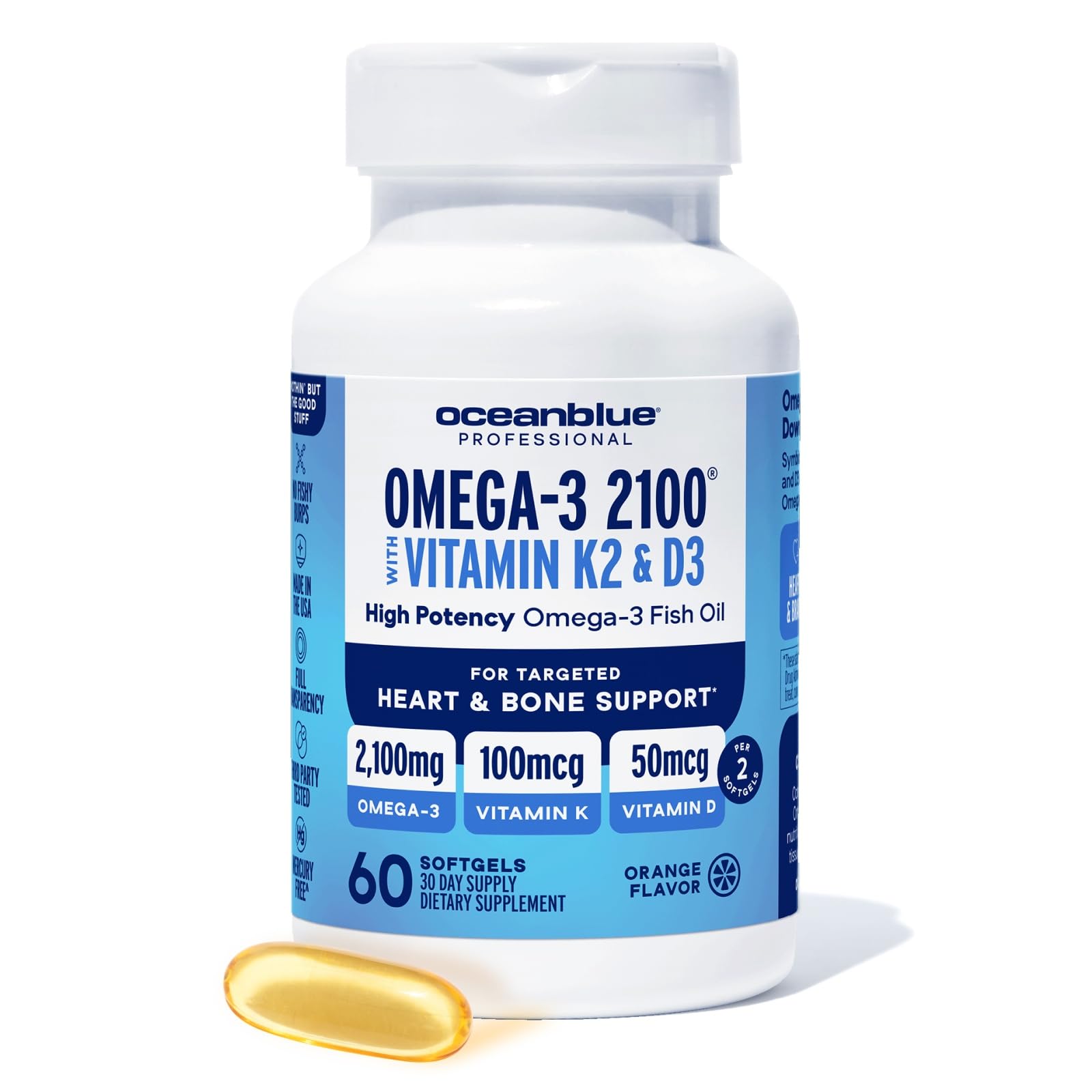 Oceanblue Omega-3 orange bottle promotes heart and immune support