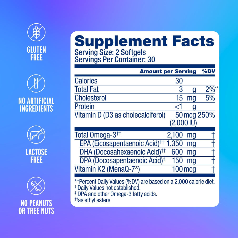 Oceanblue Omega-3 orange capsules close-up shows burpless softgels