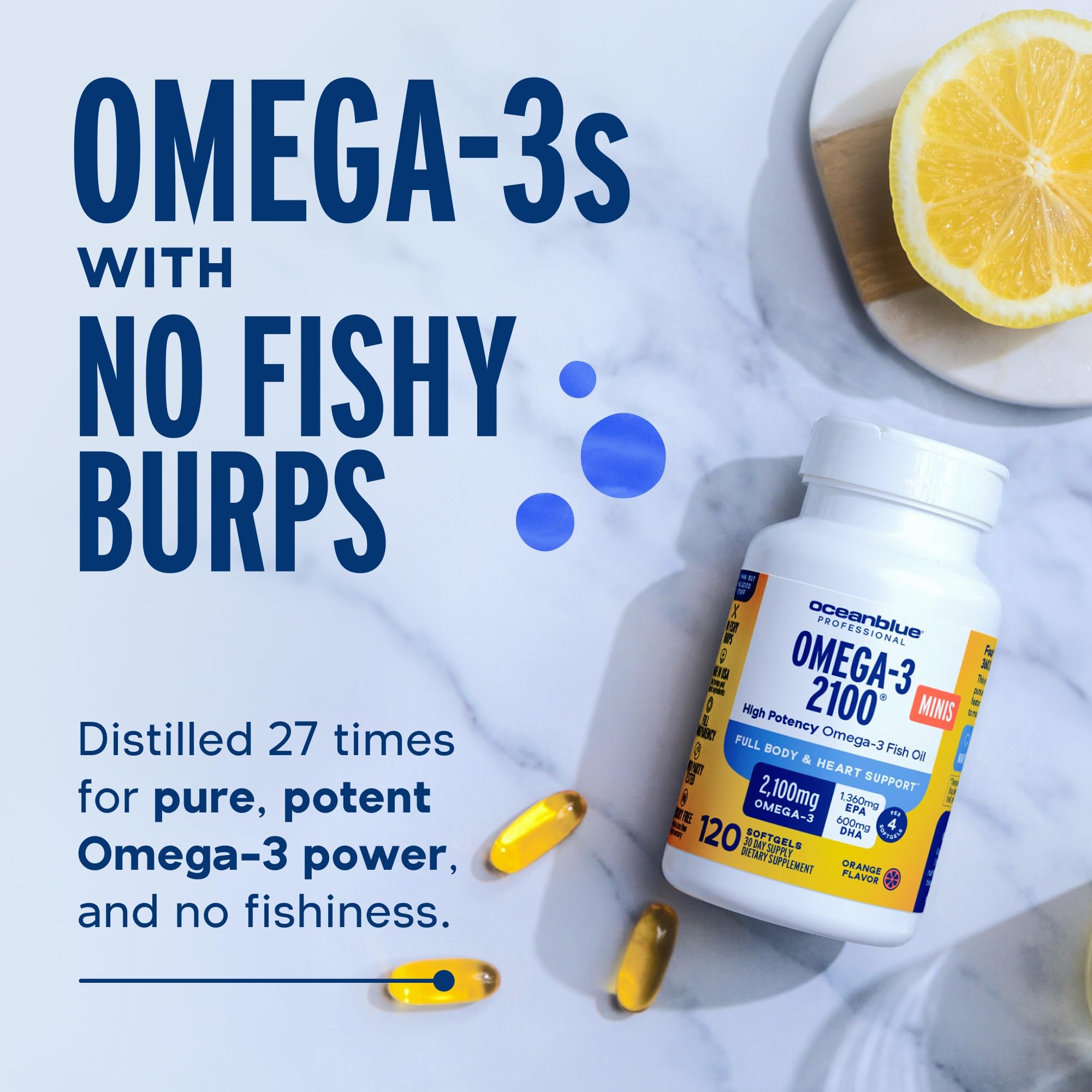Oceanblue orange-flavored softgels offer tasty, burp-free intake