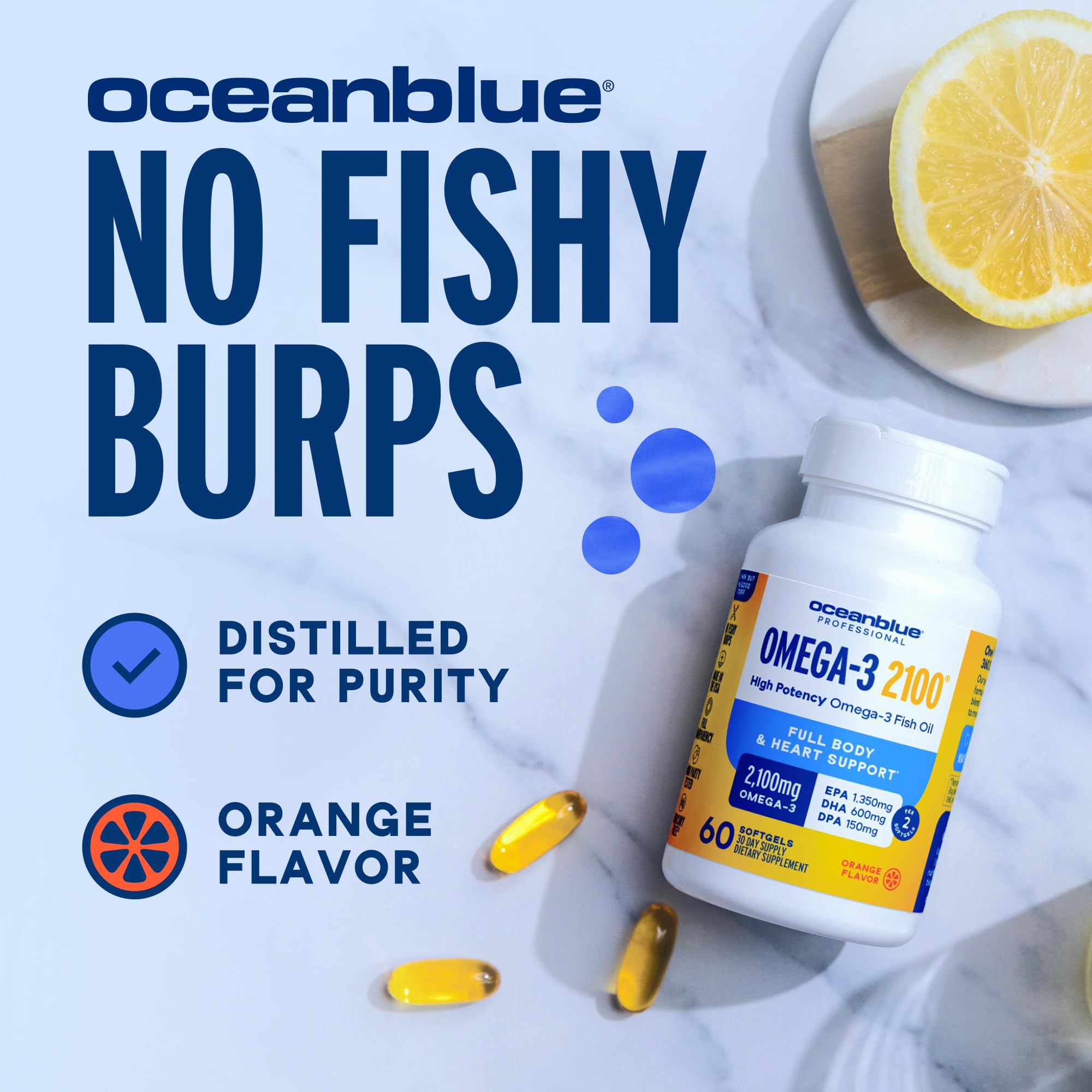 Front view of Oceanblue Omega-3 bottle with clean label and citrus theme