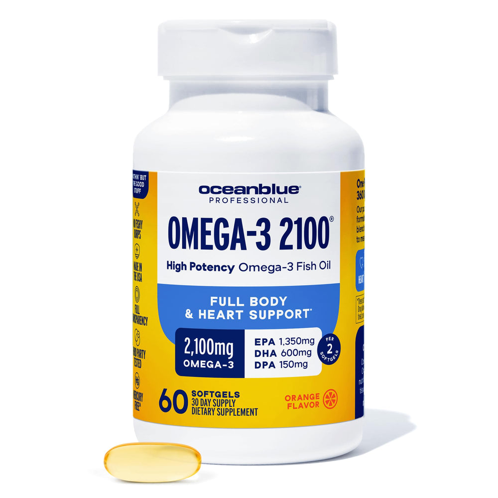 Oceanblue Professional Omega-3 2100mg bottle with softgels for daily support
