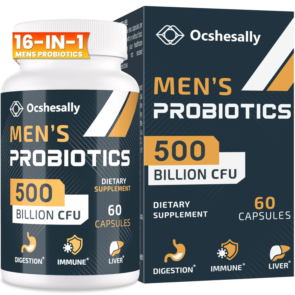Ocshesally probiotics for men bottle pour supports daily gut health on the go.