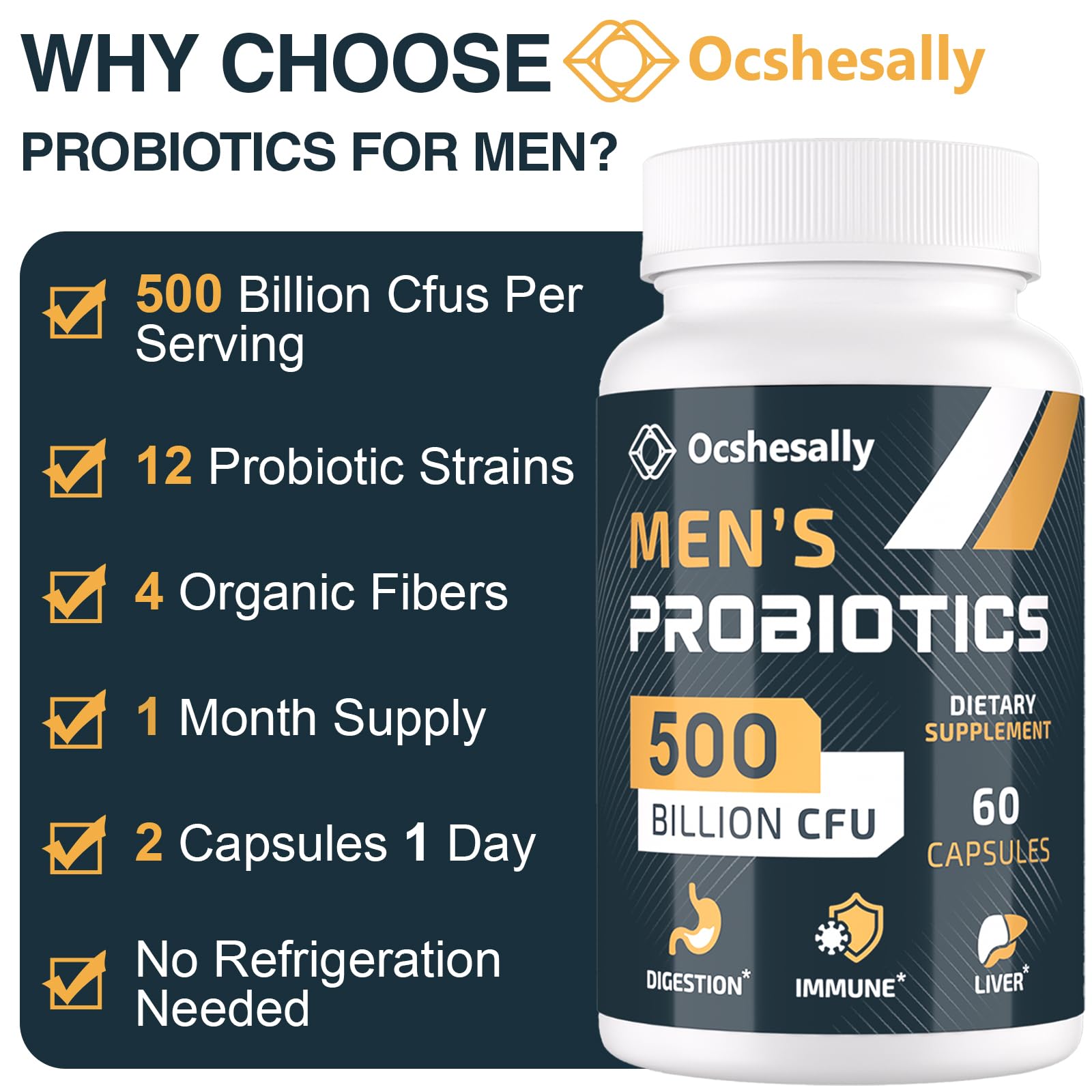 Ocshesally probiotics for men in a briefcase indicating travel-friendly format.
