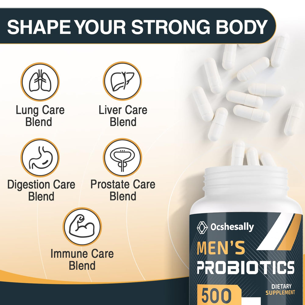 Ocshesally probiotics for men capsules closeup for convenient daily use.