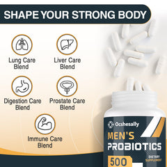 Ocshesally probiotics for men capsules closeup for convenient daily use.
