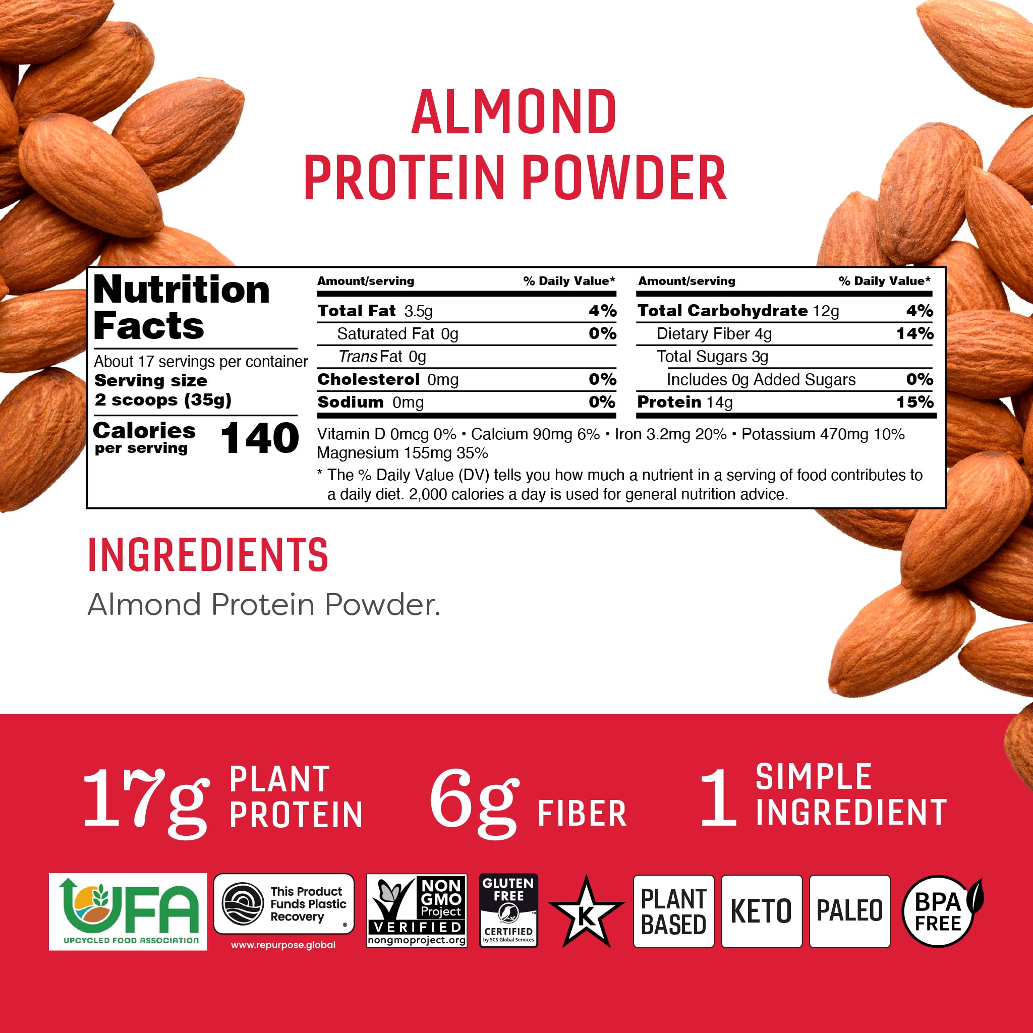OCTONUTS Almond Protein Powder scoop close-up, highlighting 17g protein per serving