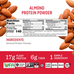 OCTONUTS Almond Protein Powder scoop close-up, highlighting 17g protein per serving