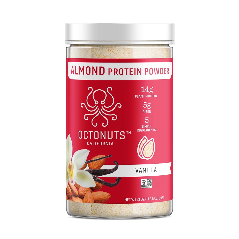 Octonuts Vanilla Almond Protein Powder jar front view for smoothies and baking.