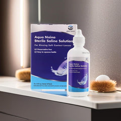Oculus Curae Aqua Naina travel size bottle for TSA-friendly lens care on the go.