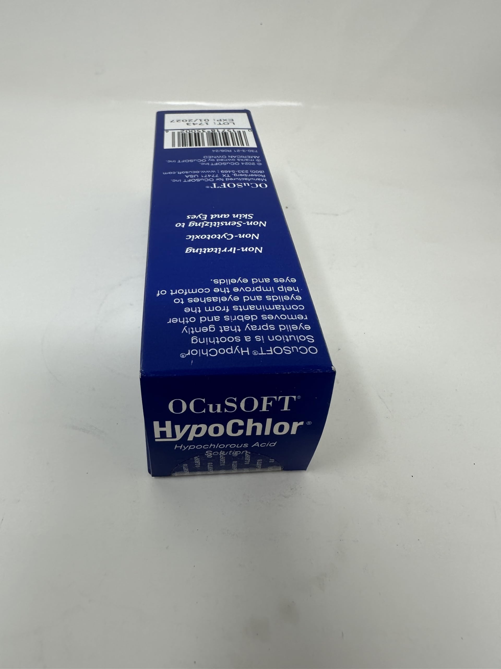 OCuSOFT HypoChlor label close-up highlighting 0.02% HOCl strength