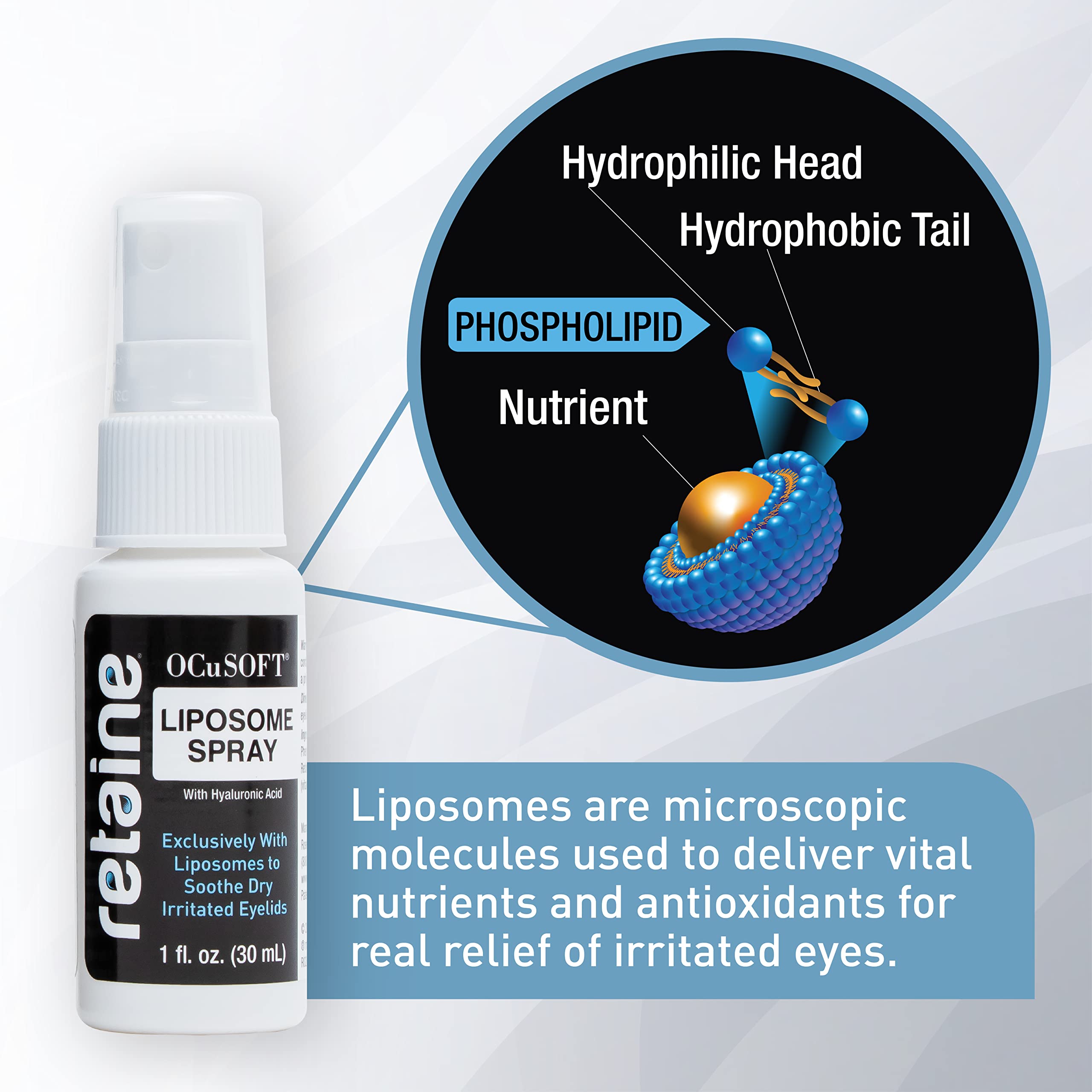 OCuSOFT Retaine Liposome Spray ingredients panel emphasizes hyaluronic acid and vitamins.