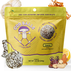 ODD BALLS Lemon energy ball close-up highlighting tangy flavor and mushroom blend for focus.