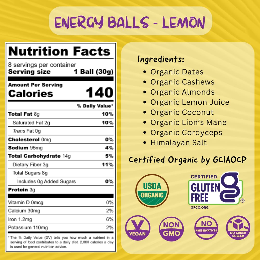 ODD BALLS Lemon energy ball packaging showing organic, vegan, gluten-free credentials.