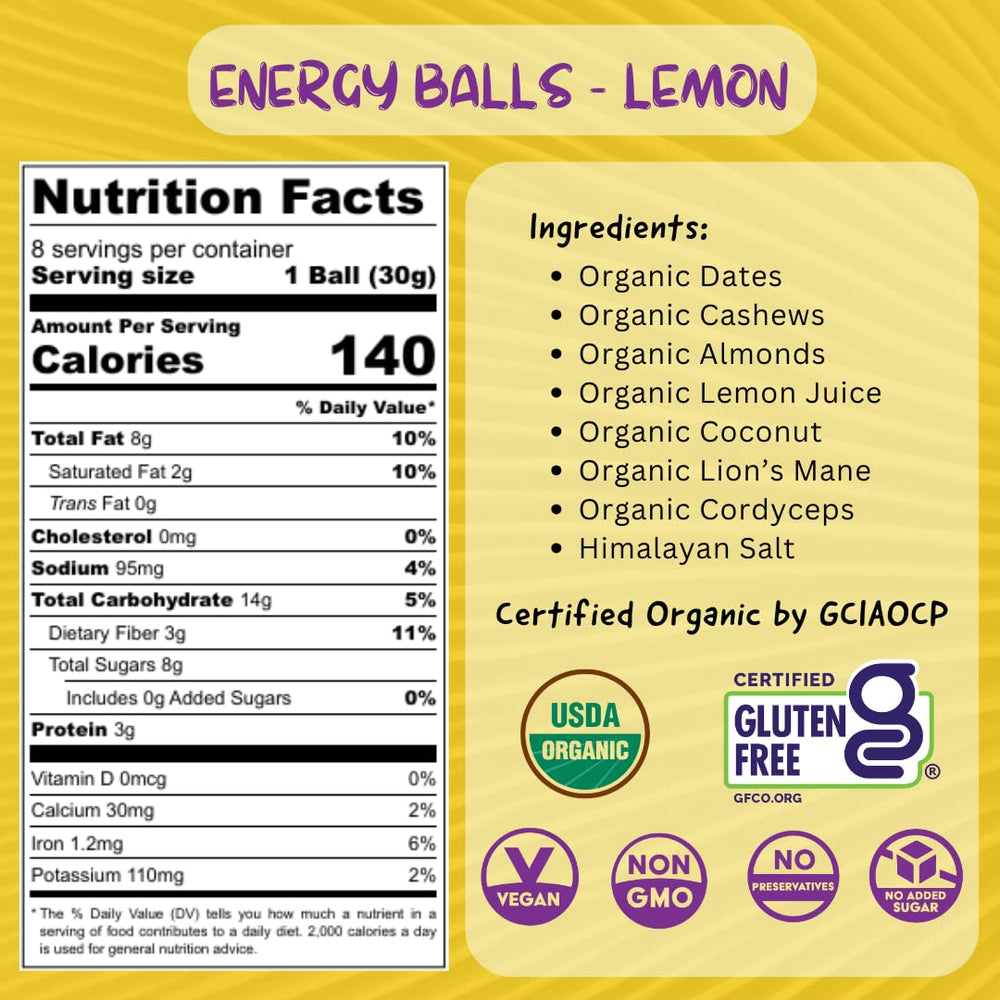 ODD BALLS Lemon energy ball packaging showing organic, vegan, gluten-free credentials.