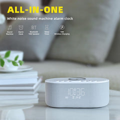 Odokee sound machine alarm clock side view showing compact nightstand footprint