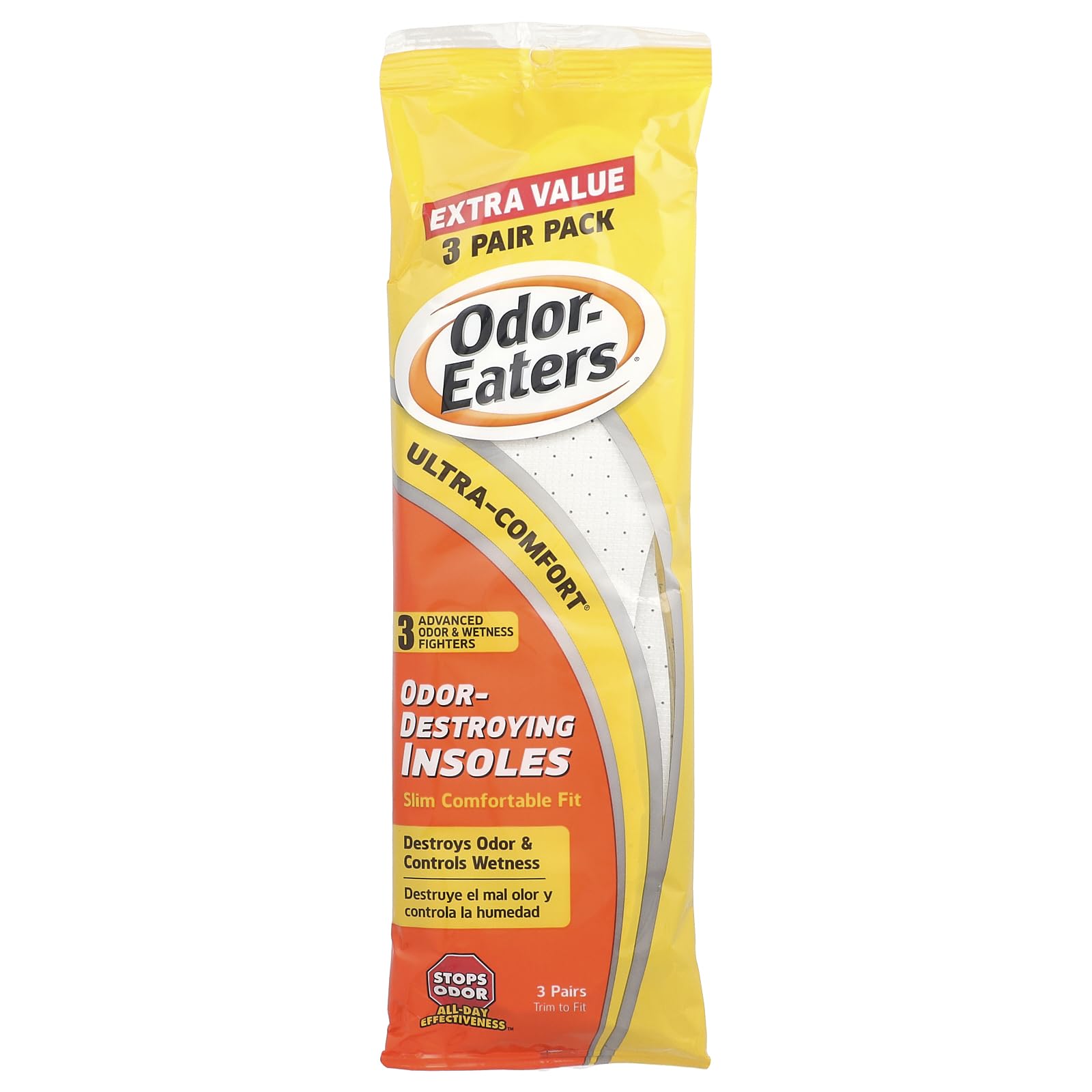 Odor-Eaters Ultra-Comfort Insoles activated charcoal pack of three for odor control.