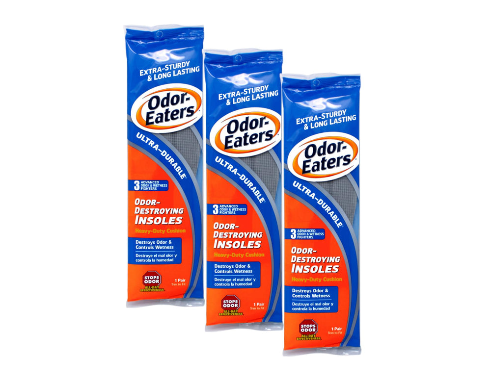 Odor-Eaters Ultra-Durable Insoles three-pack box for long-lasting freshness and convenience.