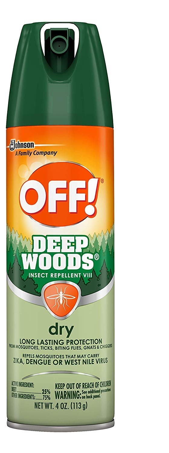 OFF! Deep Woods Dry aerosol spray shown in use for hiking and outdoor activities.