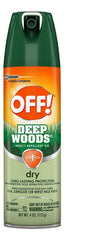 OFF! Deep Woods Dry aerosol spray shown in use for hiking and outdoor activities.