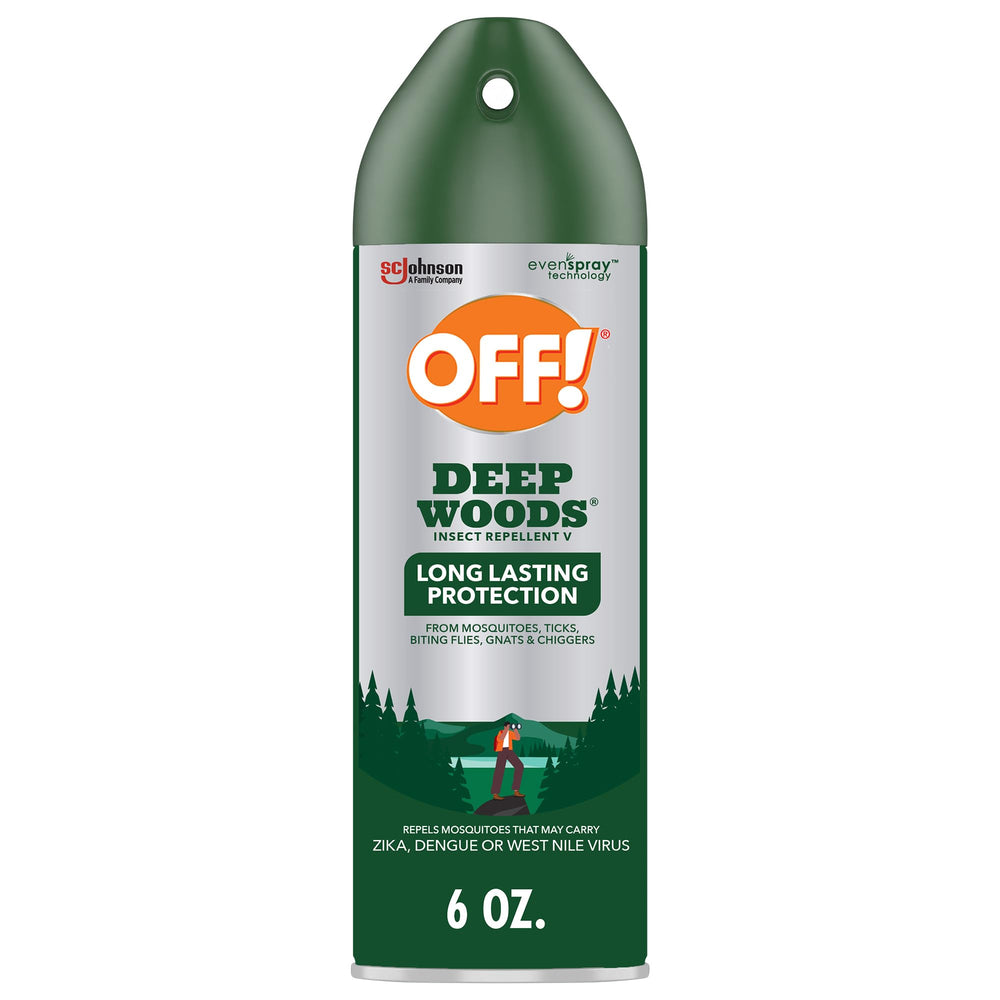 OFF! Deep Woods aerosol aplicado en piel para protección rápida contra mosquitos.