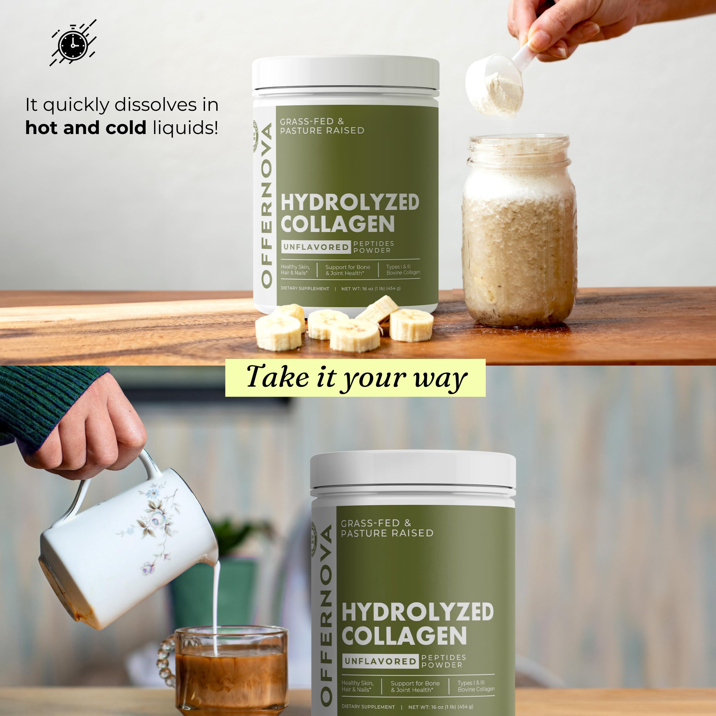 Offernova collagen powder on spoon indicates pure, unflavored formula for versatile use.