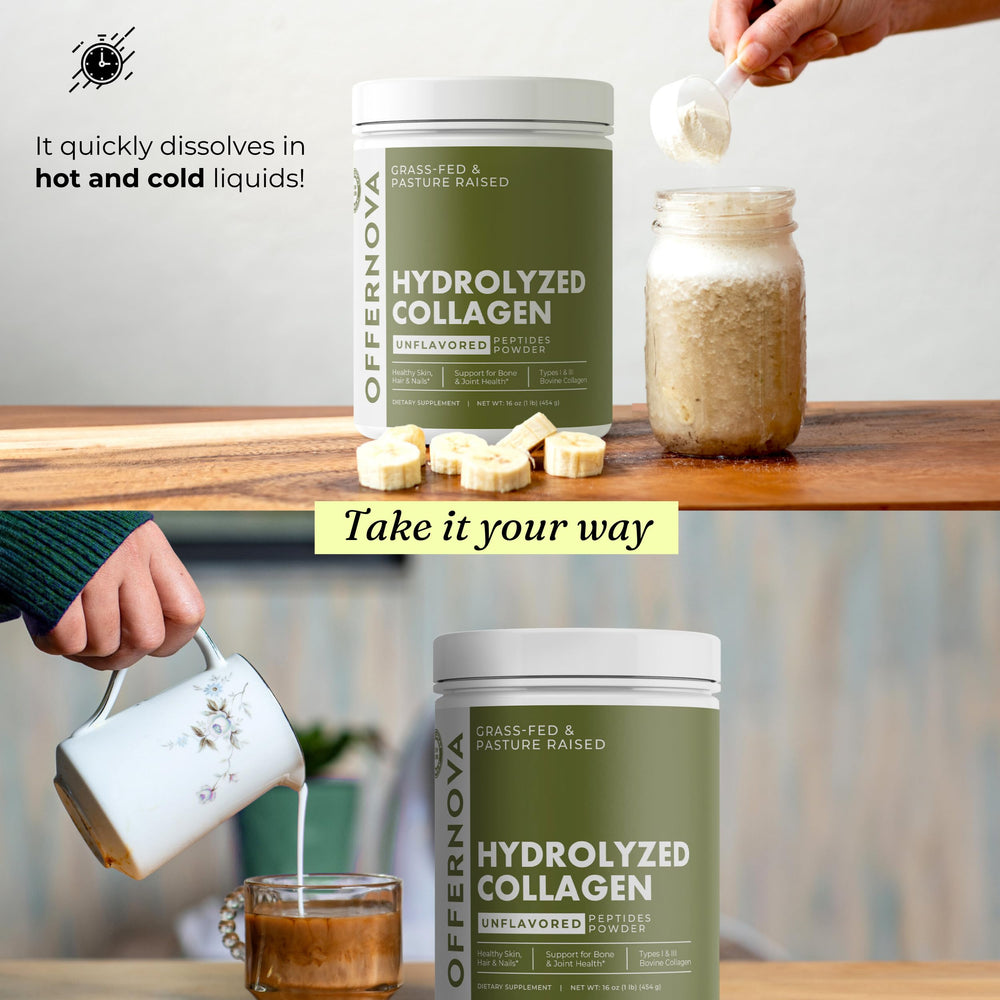 Offernova collagen powder on spoon indicates pure, unflavored formula for versatile use.