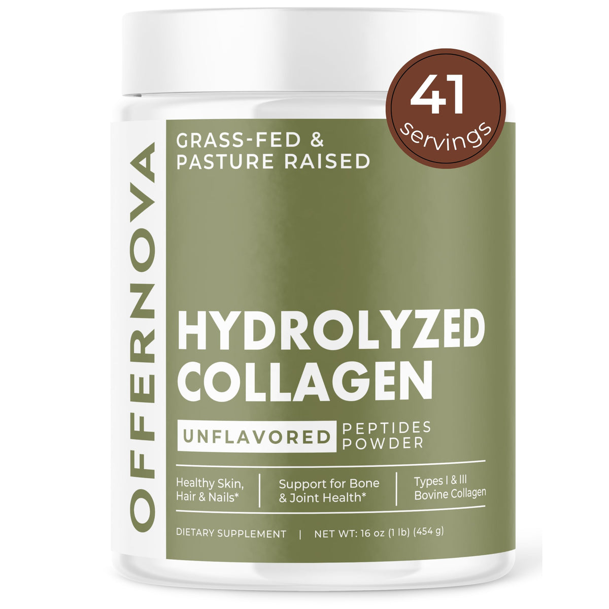 Offernova hydrolyzed collagen powder bottle promotes supple skin and joint comfort.