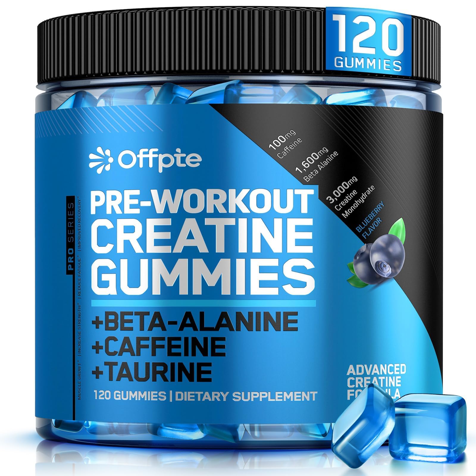 OFFPTE PreWorkout Gummies blueberry bottle for on-the-go energy before workouts.