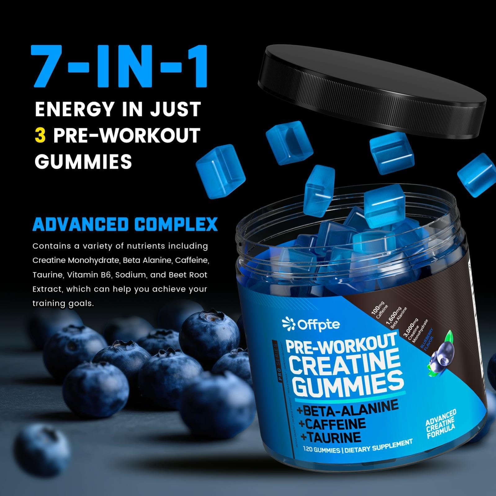 OFFPTE PreWorkout Gummies blueberry closeup highlighting sugar-free, vegan pre-workout snack.
