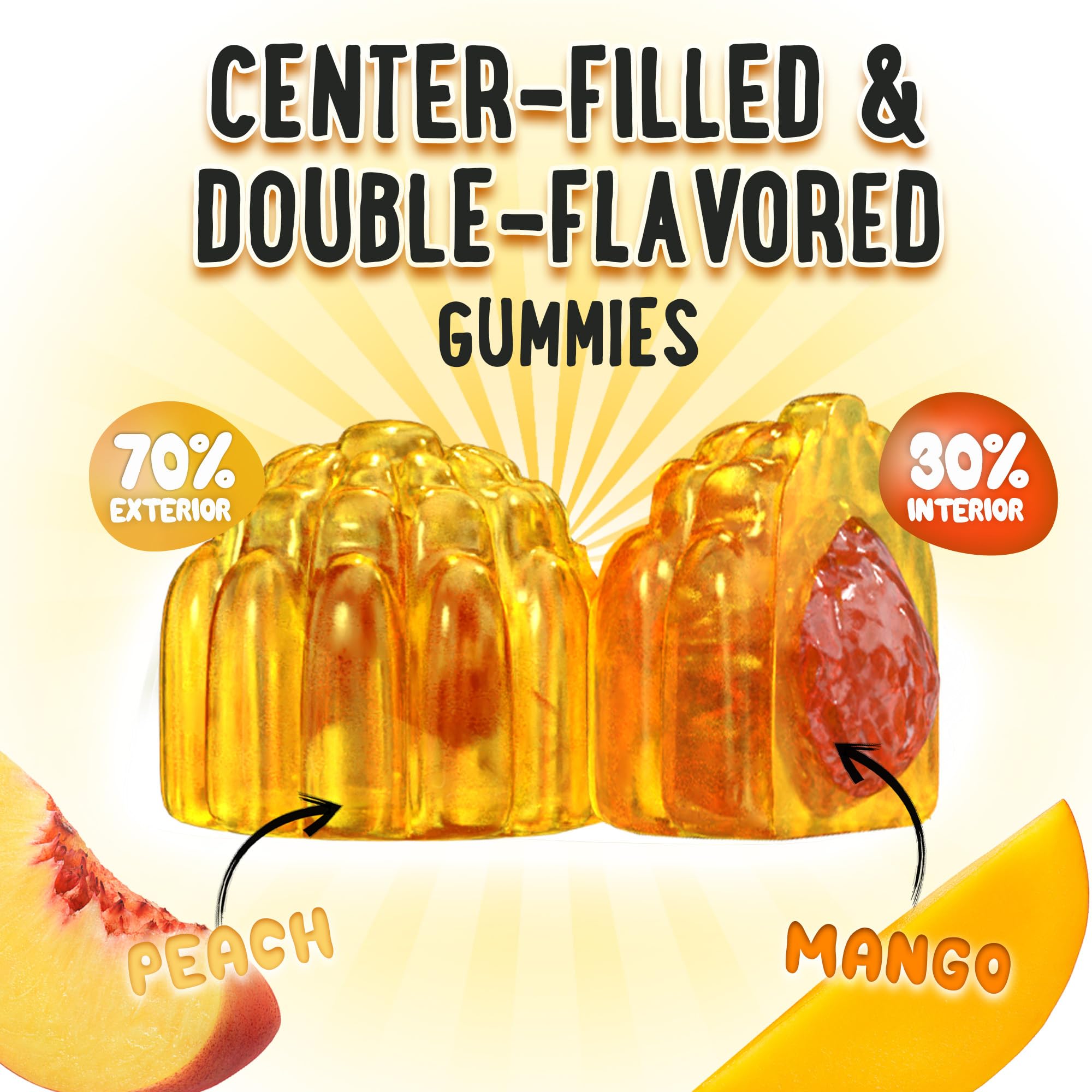 OH MY CHEWY center-filled cross-section gummy reveals creamy center for a palatable texture