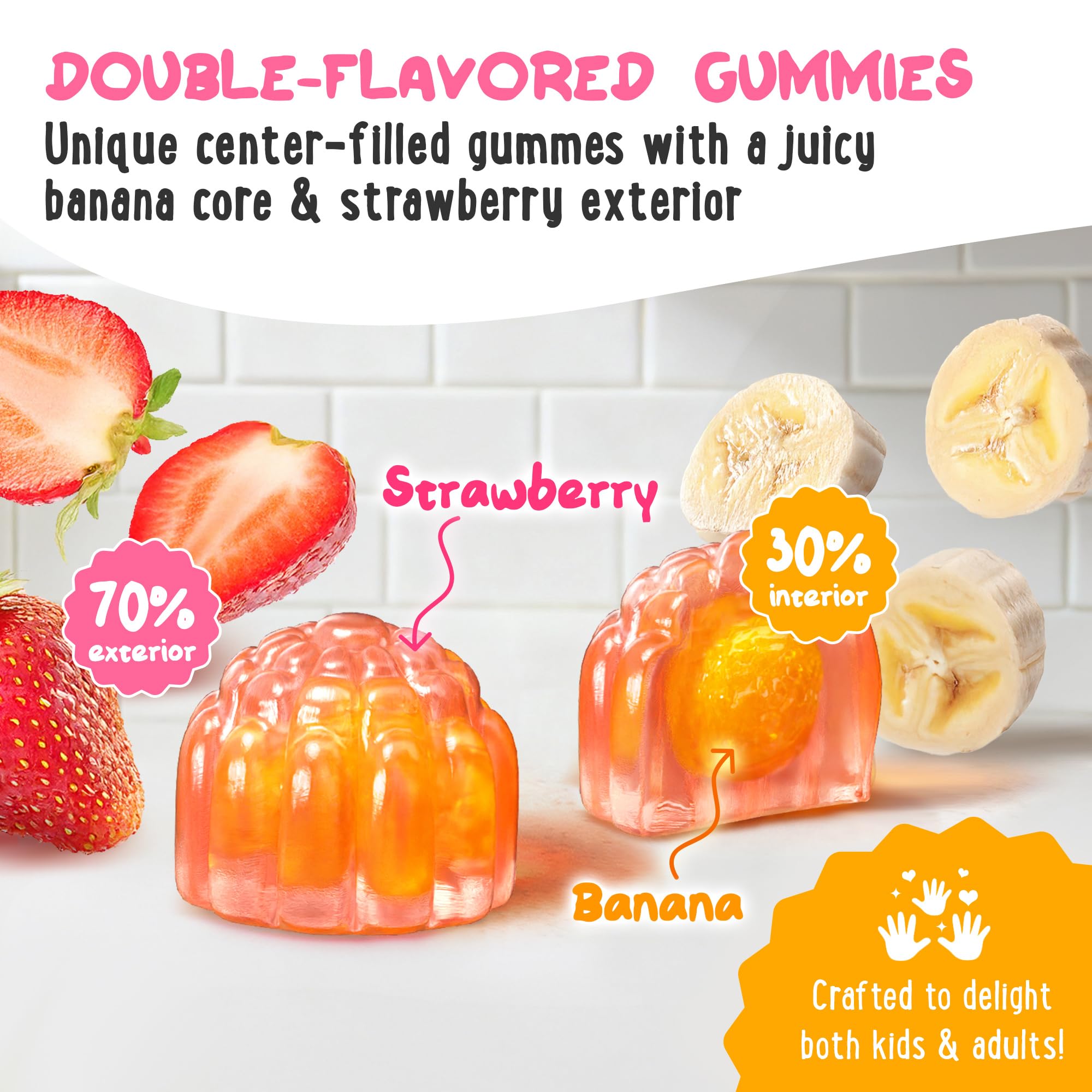 OH MY CHEWY center-filled gummies double flavor close-up, kid-friendly taste for daily use