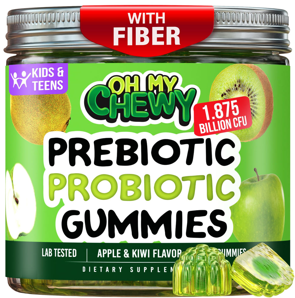OH MY CHEWY center-filled probiotic gummies in bottle for kid-friendly daily digestion.