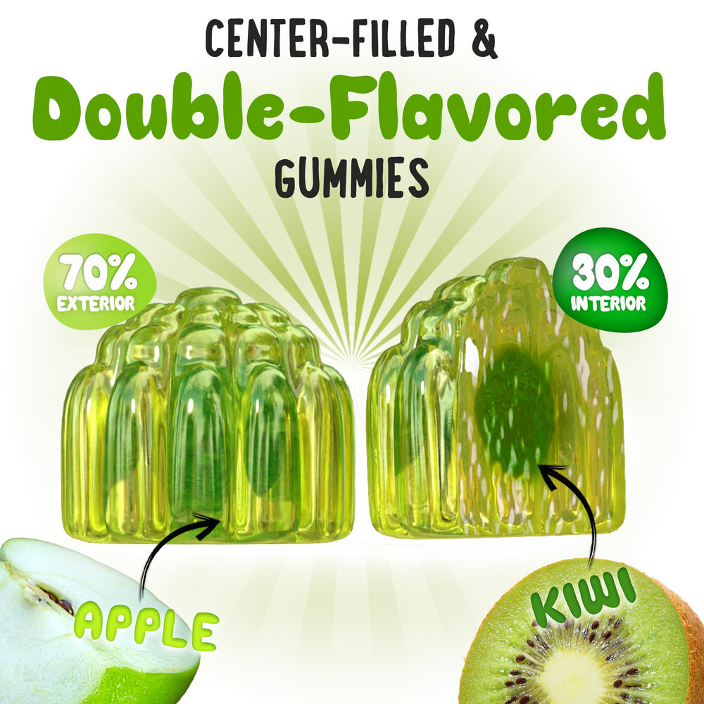 OH MY CHEWY center-filled gummies closeup shows crisp apple exterior and kiwi center.