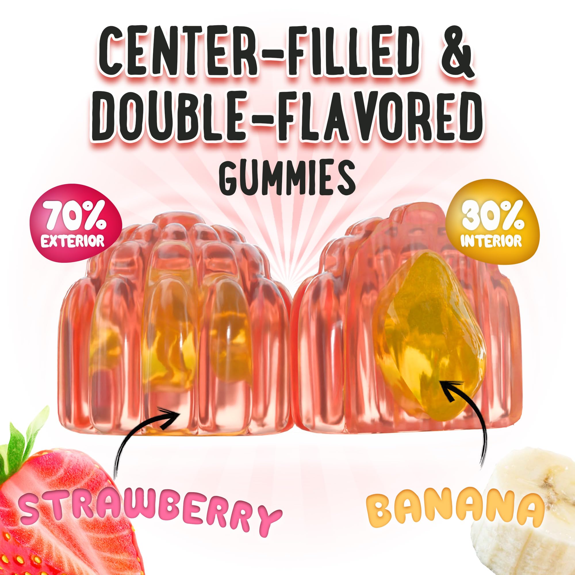 OH MY CHEWY center-filled gummies close-up shows dual flavors for all ages.